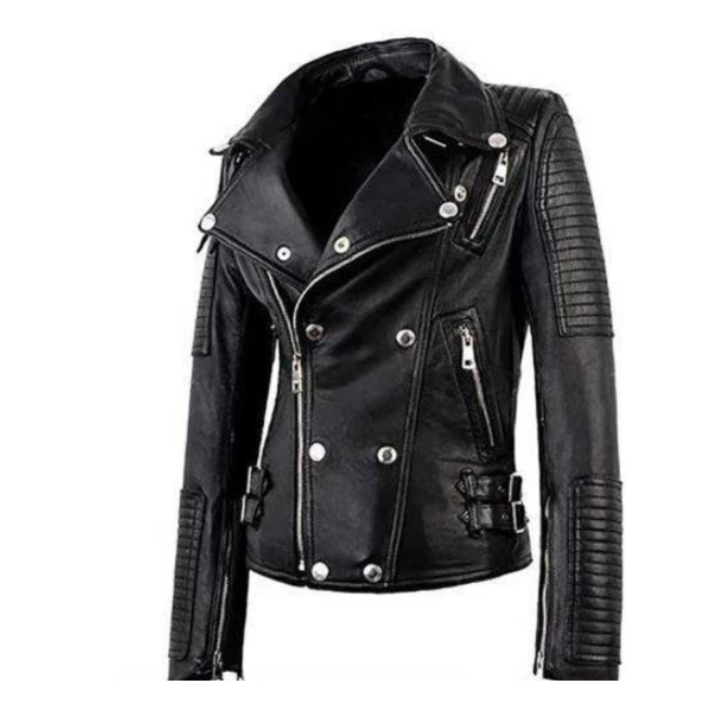 Women Black Biker Zipper Leather Jacket