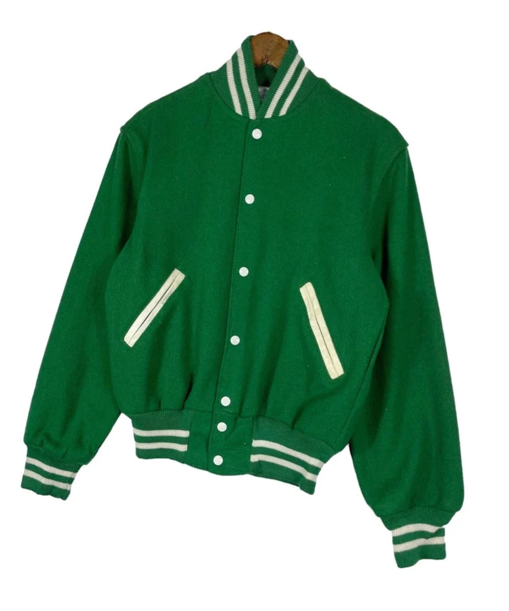 Vintage 90s Full Snap Plain Green Varsity Jacket