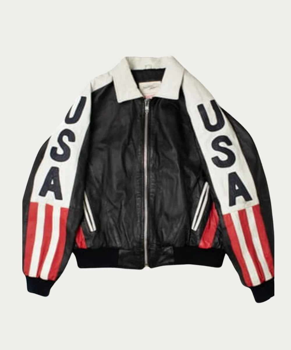  Vintage Michael Hoba USA Flag Leather Bomber Jacket