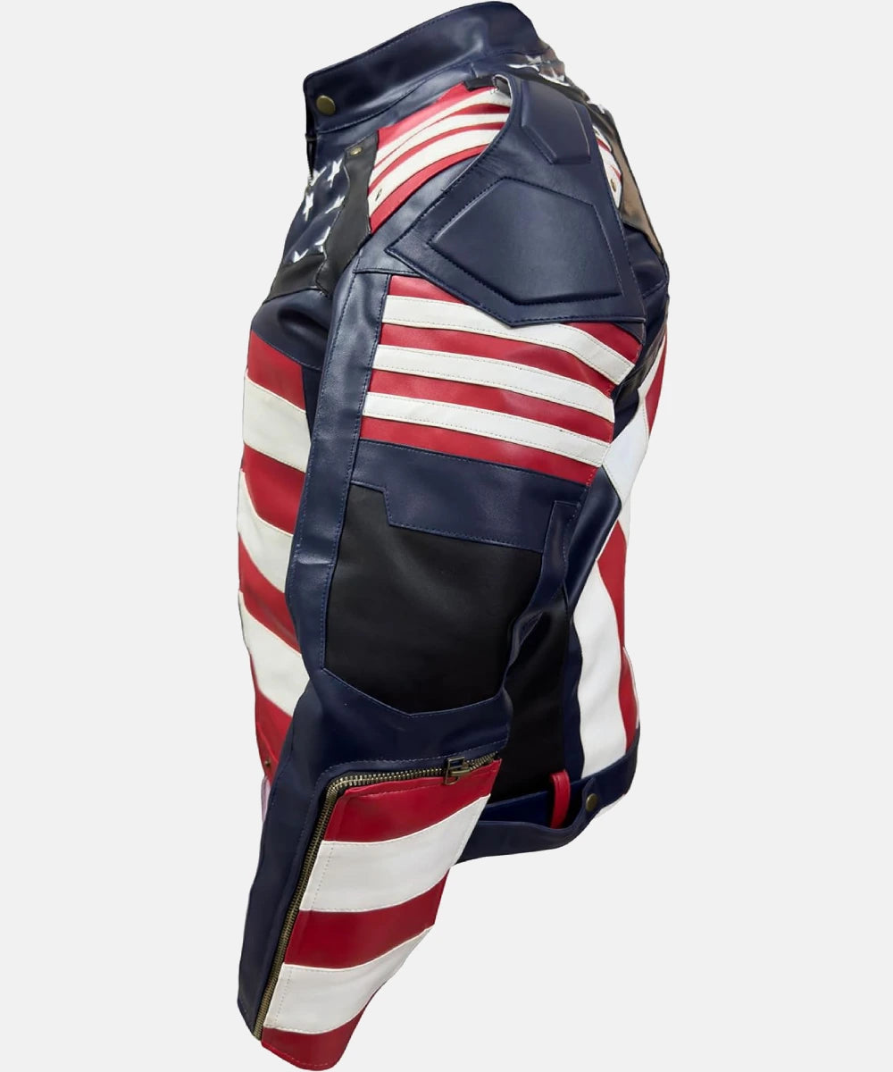 WomenAmericanUSFlagWhiteLeatherMotorcycleJacket