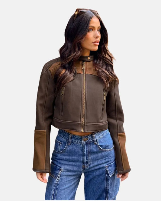 WomenBellaMotoChocolateCroppedLeatherBikerJacket