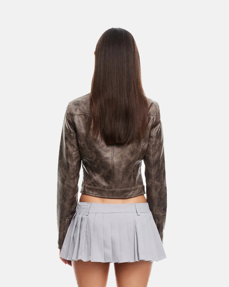 WomenBellaMotoChocolateDisressedCroppedLeatherJacket