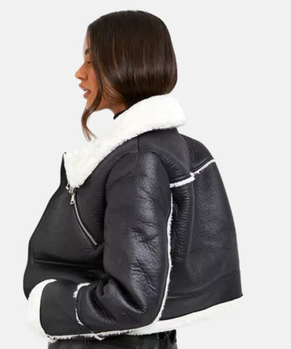 WomenCroppedBlackLeatherShearlingJacket