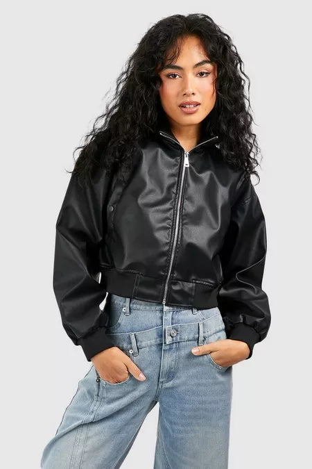 WomenCroppedLeatherBomberBikerJacket