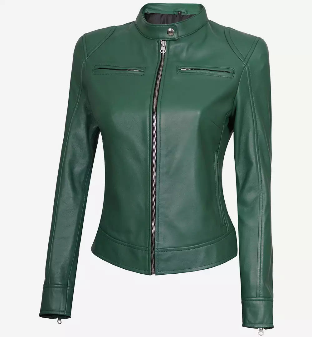 Women Dodge Green Cafe Racer Leather Jacket