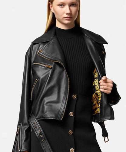 WomenVersaceBlackLeatherMotorcycleCropJacketForSale