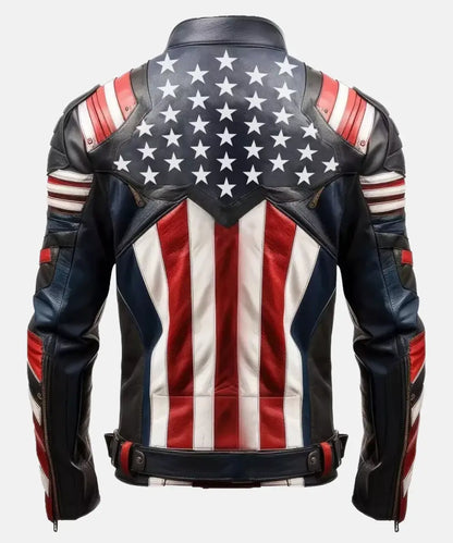 Women American US Flag White Leather Motorcycle Jacket