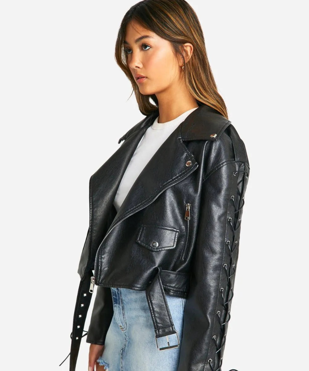 Women Classic Oversized Black Biker Leather Jacket