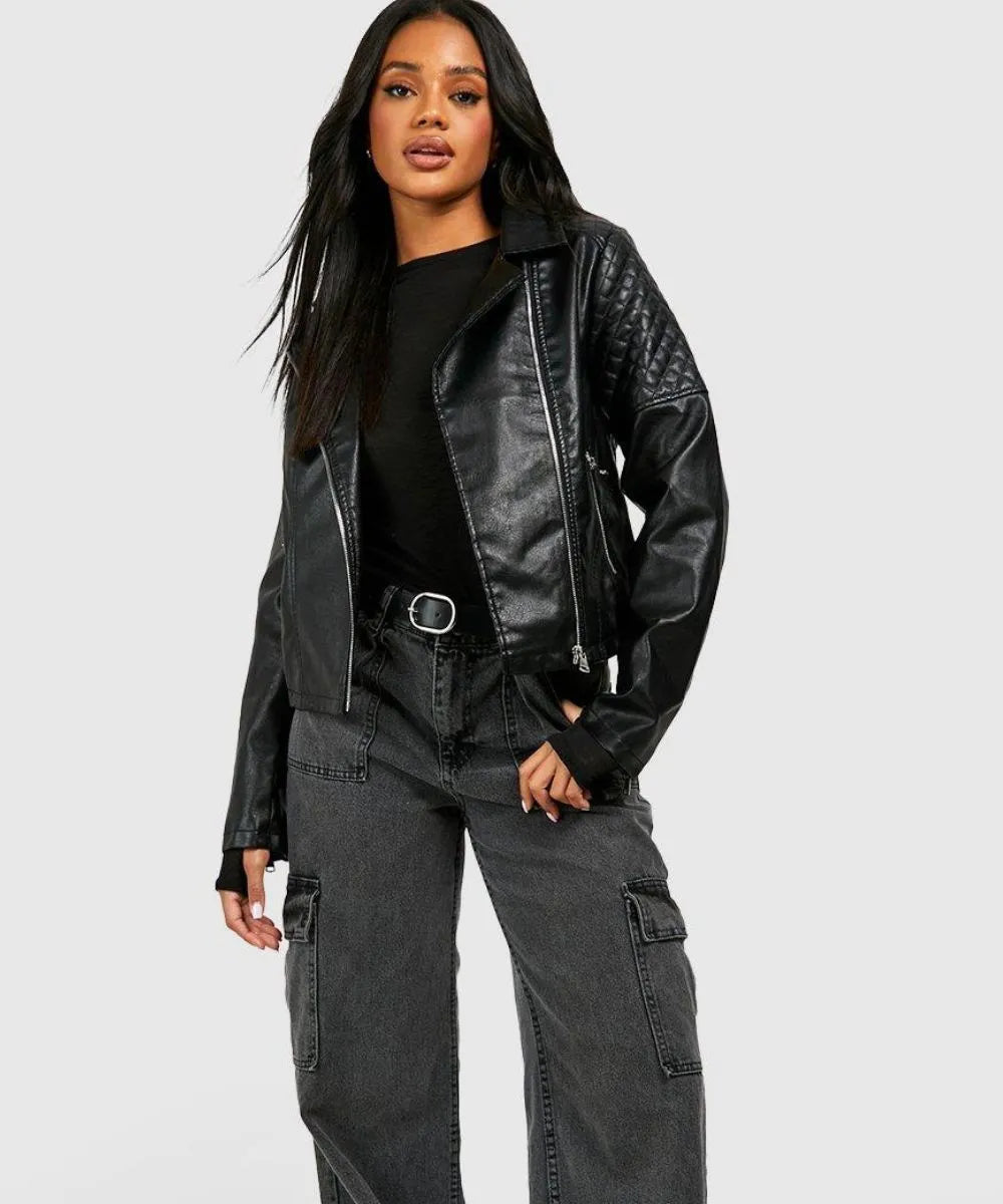 Women Durable Black Biker  Leather Jacket