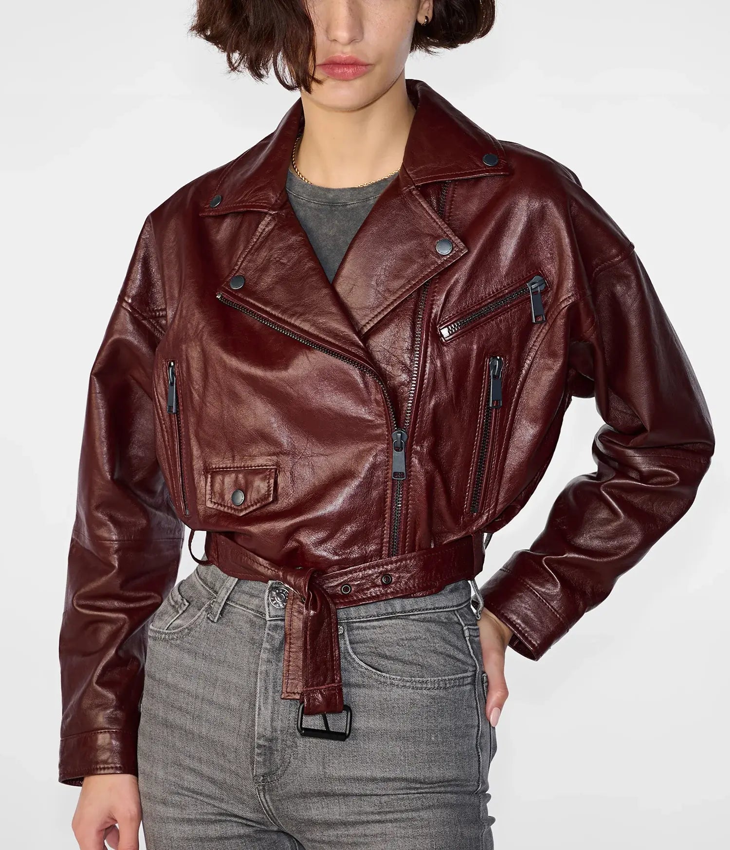 Women Oversized Brown Cropped Motorcycle leather Jacket