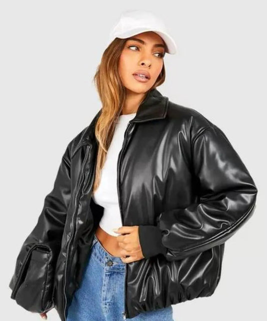 Women Padded Bomber Leather Jacket