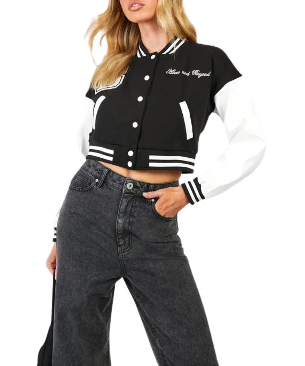 Women's Above and Beyond Crop Varsity Black & White Jacket