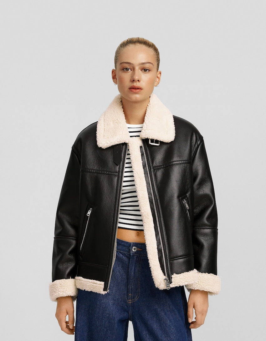 Women_sAviatorDouble-Sided Black Leather Shearling Jacket