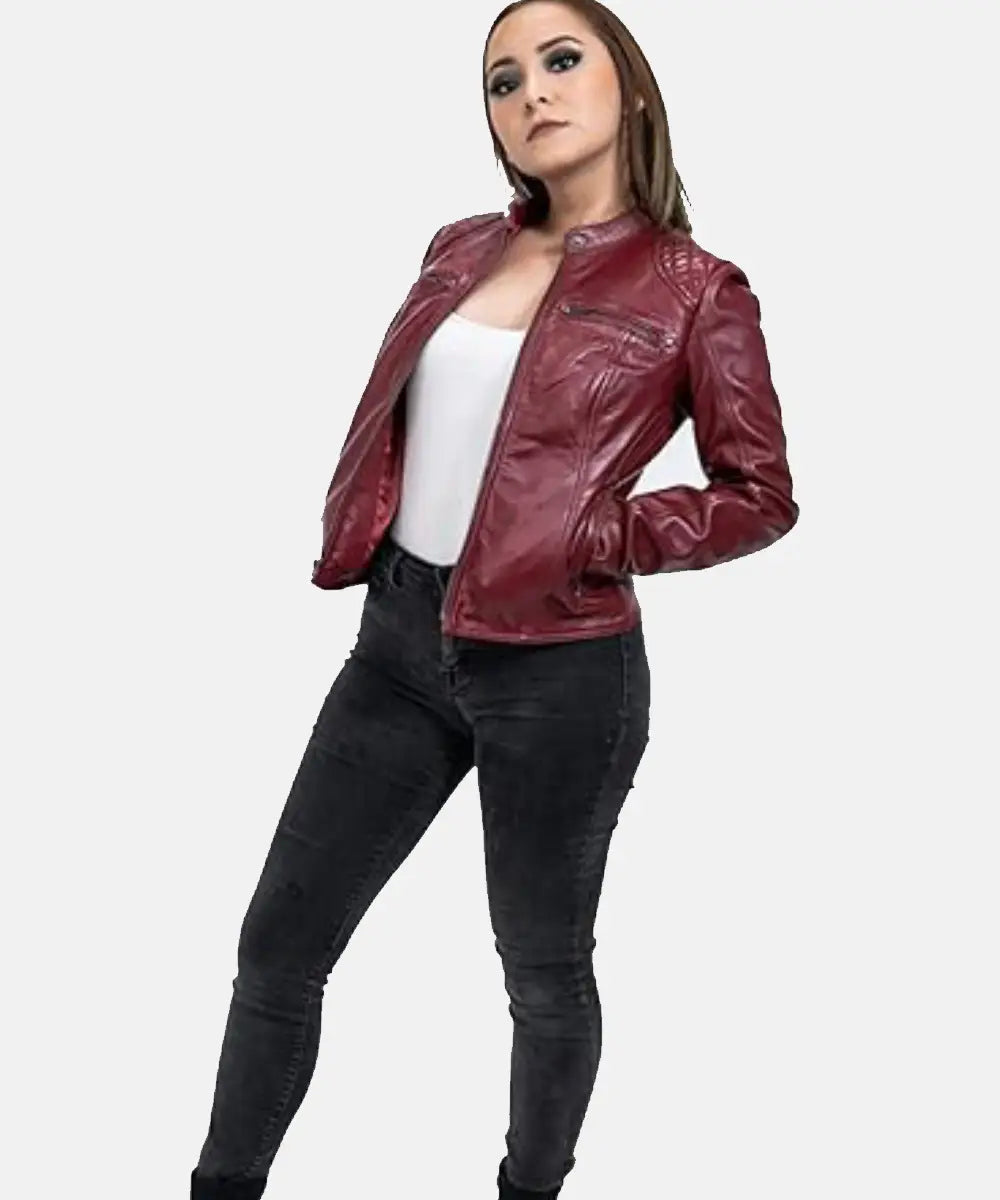 Women_sDarkRedBikerJacketForSale