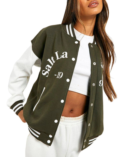 Women's Salt Lake Colour Block Varsity Bomber Jacket Green & White