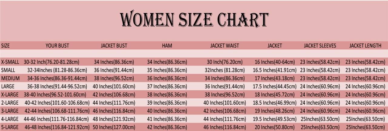 Leather jacket Size Chart
