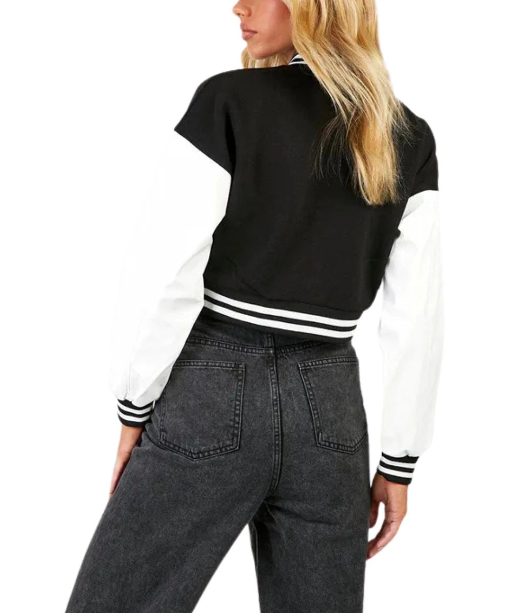 Womens Black & White Above and Beyond Crop Varsity Jacket