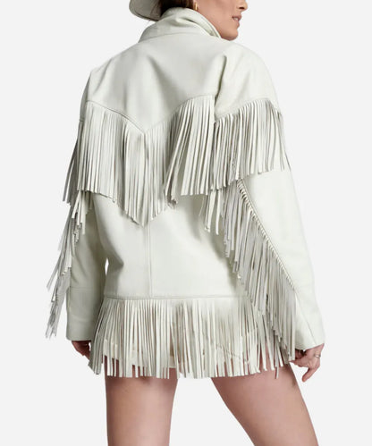 Womens Choas Walking Fringed Leather Bomber Jacket White