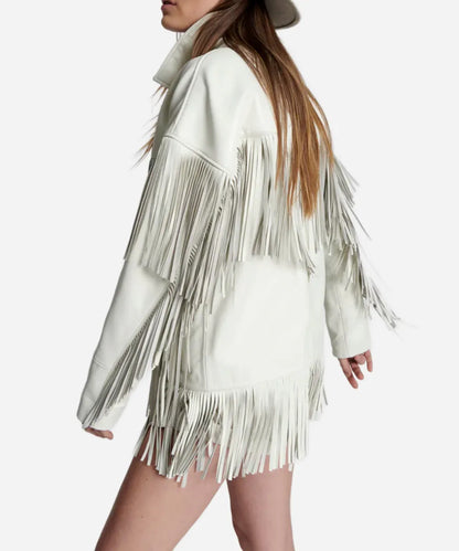 Womens Choas Walking White Fringed Leather Bomber Jacket 