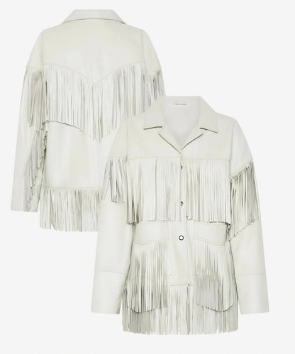 Womens Leather Choas Walking Fringed Jacket White