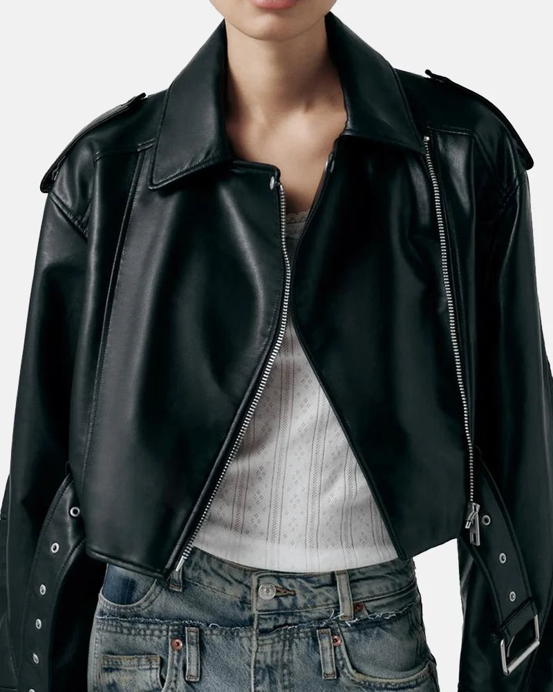  Zara Leather Effect Cropped Biker Jacket