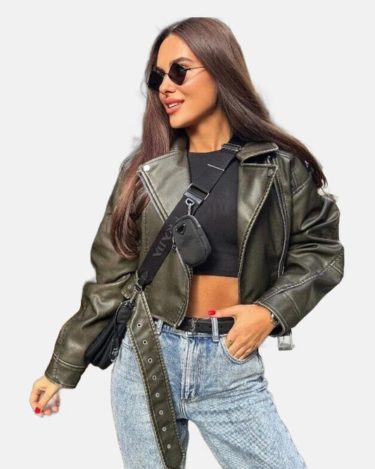 Zara Molly Mae Charcoal CropOver sized Belted Khaki Leather Jacket