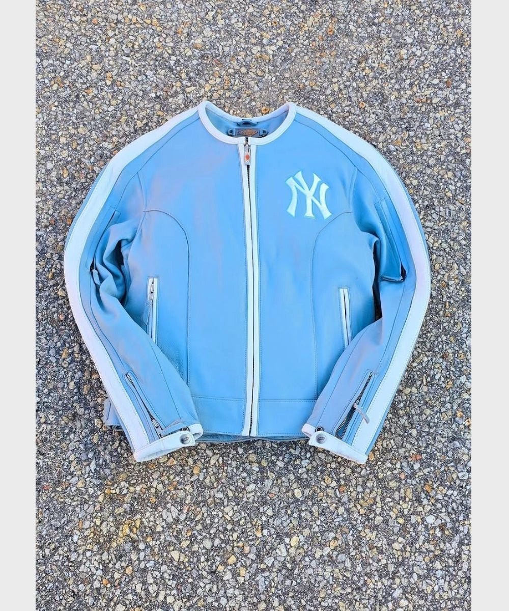 igalaseries Vintage Cropped Biker x NY Leather Jacket Blue