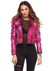 Women Pink Halloween Pink Pointed Leather Jacket