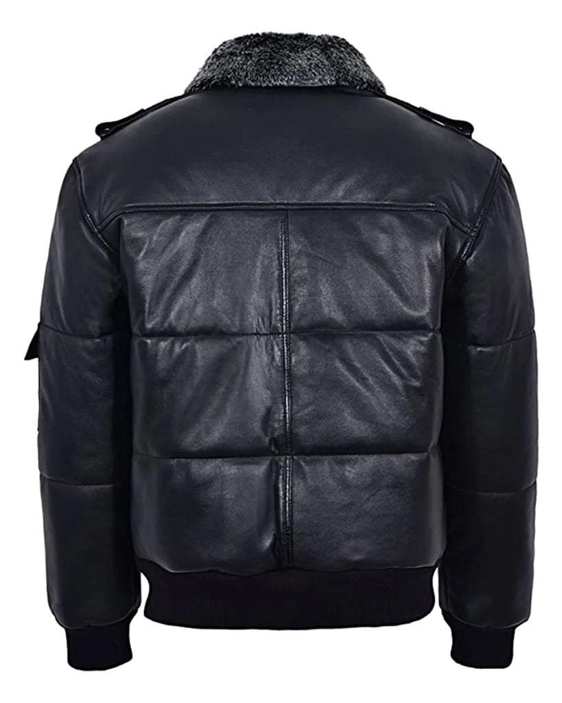 Men Black Bomber Fur Collar Leather Jacket