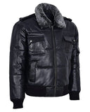 Men Black Bomber Fur Collar Leather Jacket