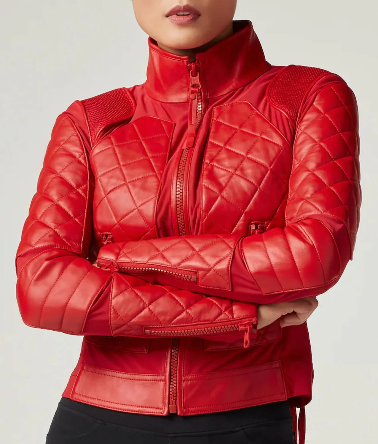 womens red leather mesh moto jacket