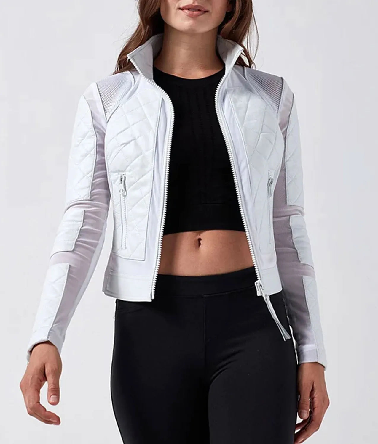 womens white leather mesh jacket