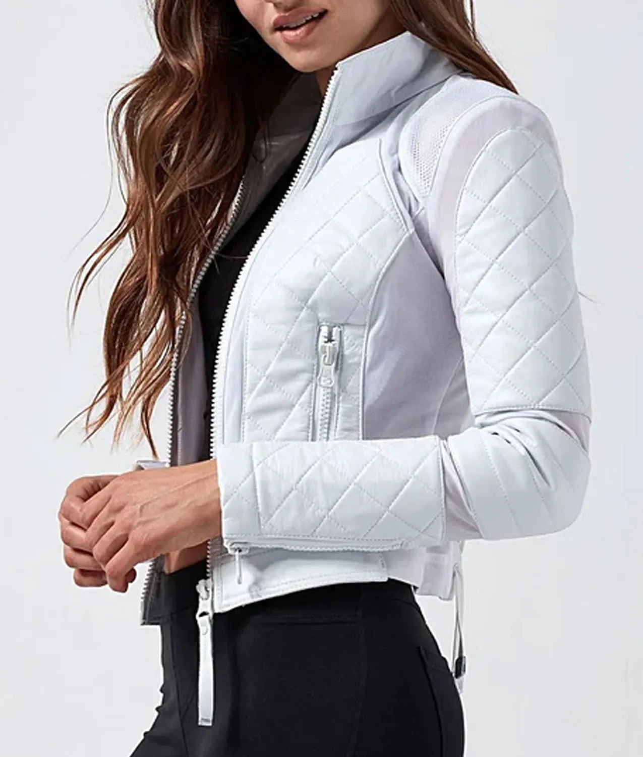 womens white moto leather mesh jacket