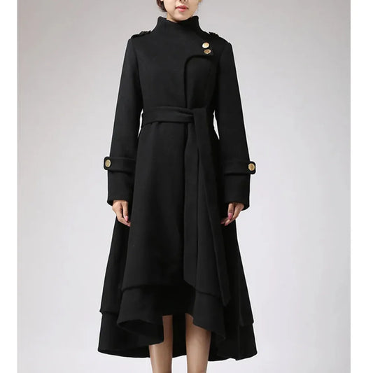 womensAsymmetricalHemBlackSwingWoolLongCoat