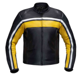 Men Black & Yellow Biker Leather Jacket with White Line