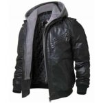 BLACK BIKER REMOVABLE HOOD GENUINE LEATHER JACKET