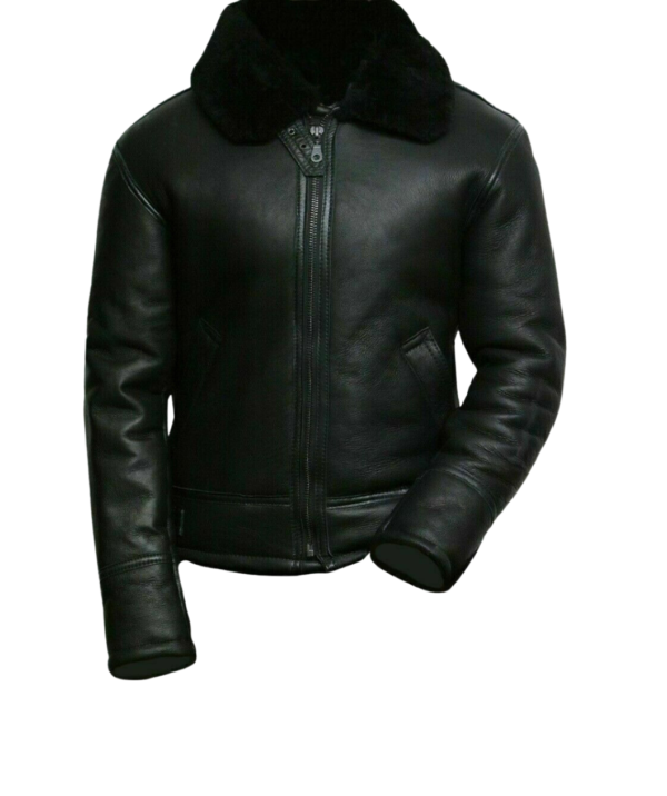 Men Black Aviator Fur Collar Leather Jacket