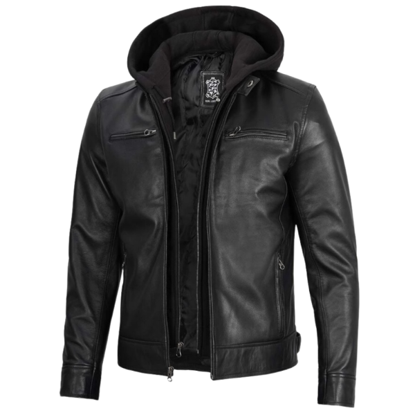 Men Black Leather Motorcycle Jacket With Hood