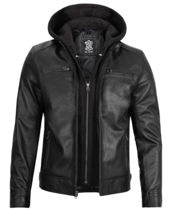 Men Black Leather Motorcycle Jacket With Hood