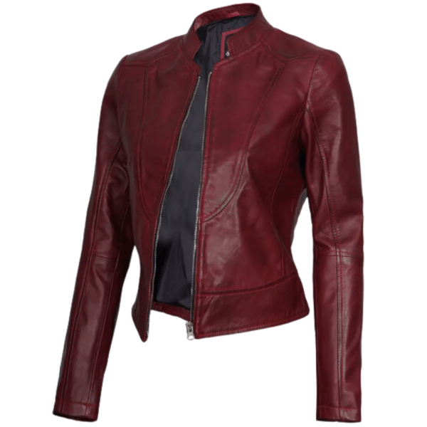 Women Maroon Biker LeatherJacket