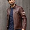 Men Brown Biker Leather Jacket with Cream Stripes