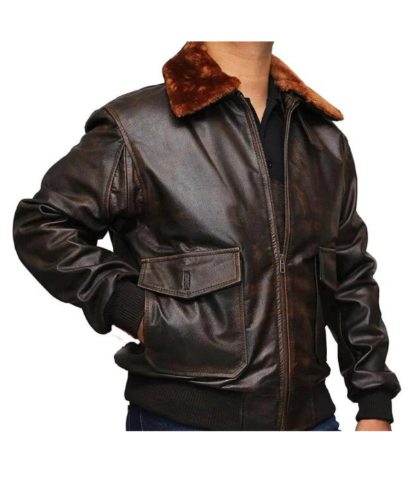 Men Brown Aviator Fur Collar Distressed Leather Jacket