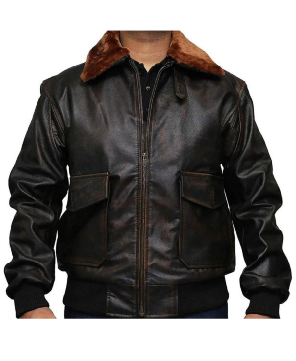 Men Brown Aviator Fur Collar Distressed Leather Jacket