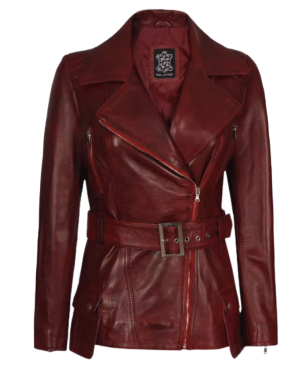 Women Maroon Four Pocket Belted Leather Jacket
