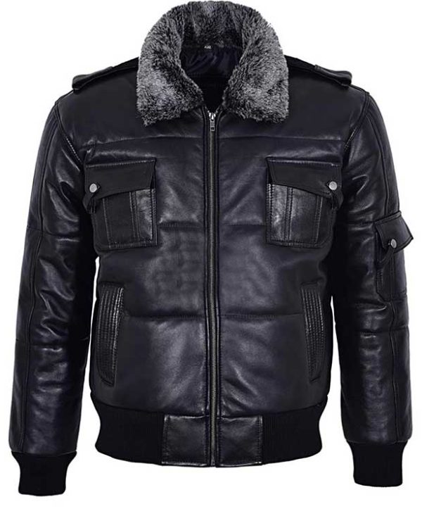 Men Black Bomber Fur Collar Leather Jacket