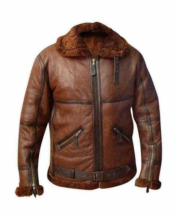 Men Brown Aviator Bomber Fur Collar Leather Jacket