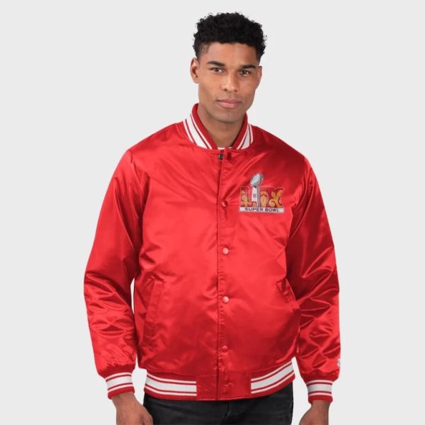 2025SuperBowlLIXStarterRedCoachesSatinVarsityBomberJacket