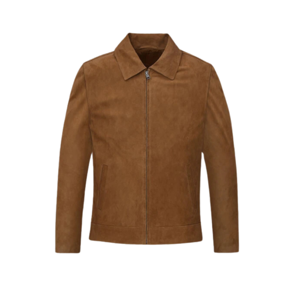 Men Brown Suede Shirt Collar Front Zipper Jacket