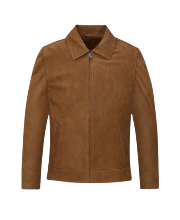 Men Brown Suede Shirt Collar Front Zipper Jacket