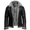 Men Black Aviator Zippered Fur Collar Leather Jacket